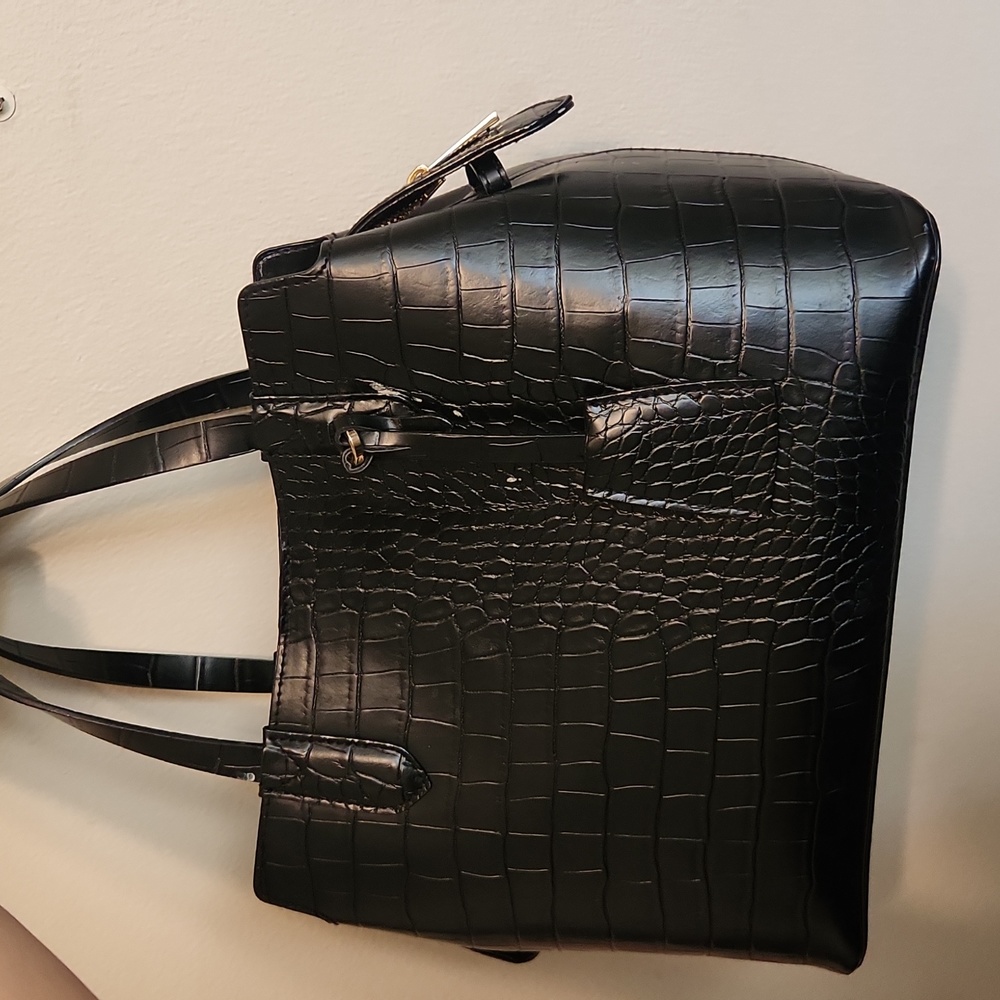 Alligator Print Triple Compartment Satchel Handbag Black